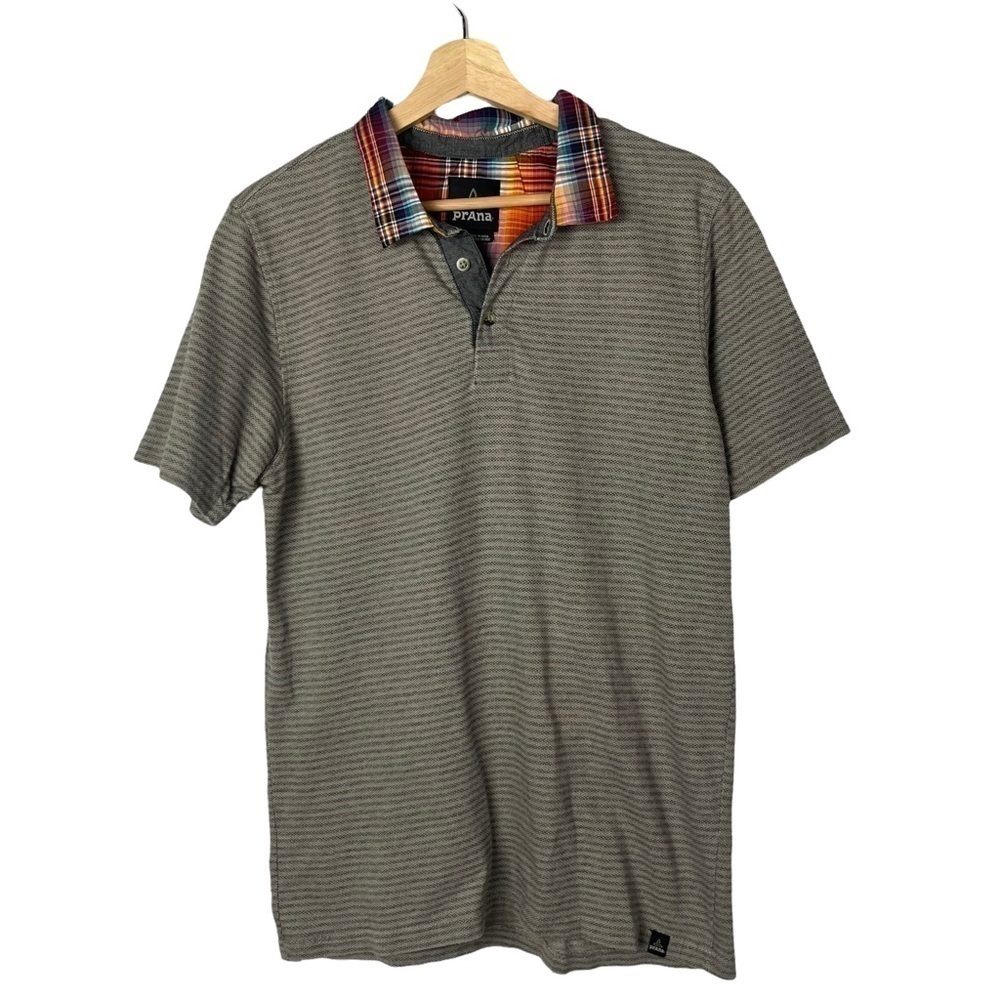 Prana Prescott Taupe Plaid Collar Short Sleeve Polo M
